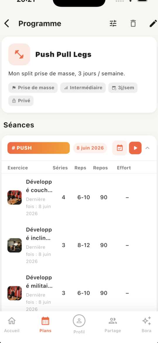 Programme Push Pull Legs dans JoyTrain